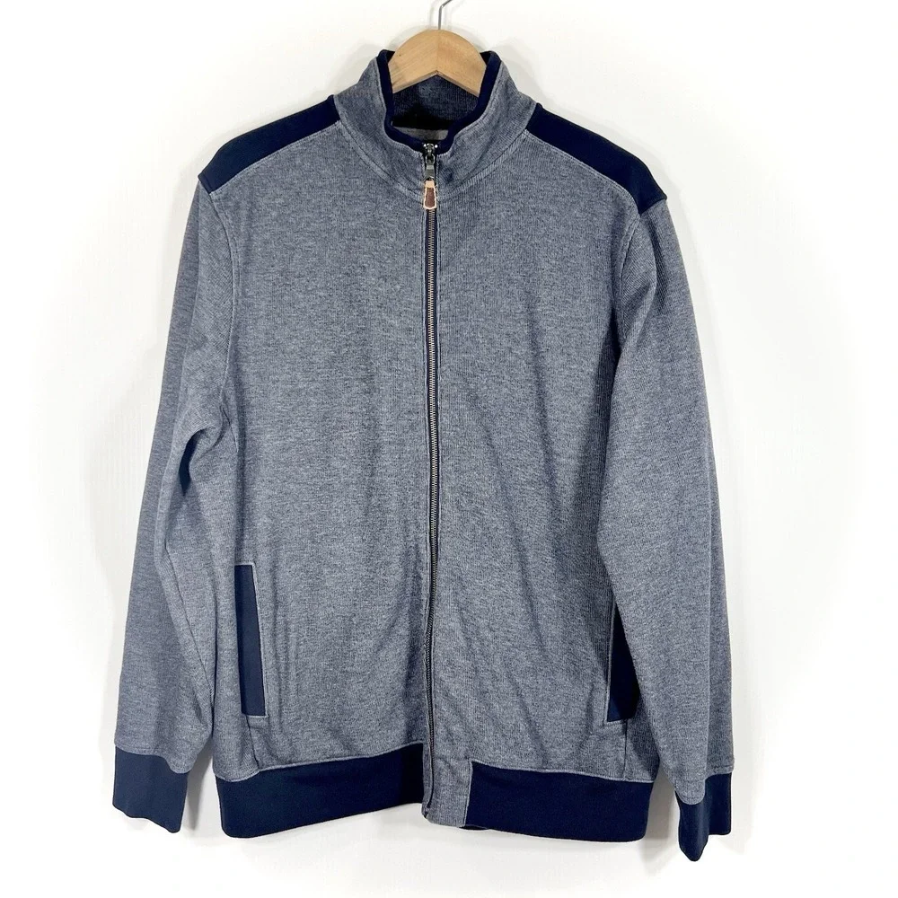 Banana Republic Men's Birdseye Full Zip Sweater‎ Size XL Preppy Gray Navy *READ*